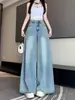 Jeans Largo Leve Azul Claro de Verão para Mulheres 2026, Tamanho Plus, Cintura Alta, Emagrecimento, Fluido, Perna Reta Solta, Comprimento no Chão