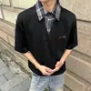 Camiseta masculina patchwork falso de duas peças com ombros retos, polo retrô americana de verão, camisa de manga curta com gola pesada e mangas curtas