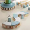 Estante de biblioteca escolar sofá combinação curva criativa modelo, estante de leitura de formato único área de armazenamento área de descanso banco longo