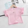 Camiseta de Verano de Manga Corta para Niñas Estilo Occidental para Bebé Personalidad Infantil Trendy Estilo Coreano Encaje Manga Acampanada Amor Color Sólido Top