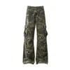 Jeans Largos Versátiles Camuflaje Lavado de Calle Americana Bolsillos Múltiples Diseño Desgastado Pierna Recta Acampanados Unisex Tendencia