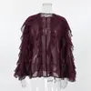 Blusa de Gasa Elegante Color Borgoña con Cuello Redondo y Volantes Estilo Retro Francés para Mujer Diseño Primavera 2026