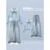 Traje College 2026 para Primavera e Outono: Conjunto de Duas Peças Elegante: Blusa de Manga Longa com Gola Polo e Calça Jeans com Laço