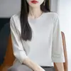 Camiseta de Algodão Penteado com Gola Redonda e Manga Três Quartos para Mulheres, Novo Estilo Primavera e Outono, Camiseta Base de Algodão Casual Elegante, Top Interno Respirável