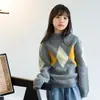 Suéter de tricô com bloqueio de cores outono e inverno, gola alta, 100% lã, para meninos e meninas, camiseta básica de cashmere para crianças de tamanho médio e grande