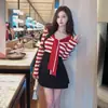 Vestido de punto a rayas estilo socialité coreana, estilo Hong Kong, con cuello navy y cintura entallada