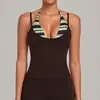 Sujetador Deportivo Color Block Estampado Retro Arena Otoñal de Tirante Doble Hombro Falso Dos Piezas Cintura Ceñida Moldeador Corporal Camiseta sin Mangas de Yoga para Mujer 7701