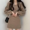 Vestido Curto de Cintura Marcada com Gola Quadrada, Estilo Retrô Chic Coreano Francês, para Primavera e Outono, Ajustado ao Corpo, para Figuras Baixas, Tendência