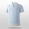2026 Nova Camisa Polo de Tricô Vazado Listrada Azul e Branca de Manga Curta para Homens, Camiseta Fina de Verão Estilo Old Money com Gola