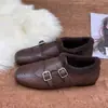Couro Bovino Dividido ~ [Com Veludo Dupla Fivela] Sapatilhas Estilo Barroco Retrô Britânico Sapatos Mocassins de Couro Pequenos com Fivela de Metal