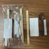 Juego de Cuatro Piezas de Palillos y Cubiertos Desechables, Palillos de Bambú Dividido Carbonizado, Cuchara Estilo Americano de Grado Alimenticio, Acabado Mate, para Comida para Llevar y Empaque