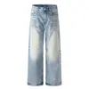 Jeans Color Block Desbotado Lavado Estilo Americano Moda Casual High Street para Homem Calças Retas Largas Calças Longas