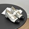 Sapatos de Salto Grosso Aumentadores de Altura Femininos, Aumento de Altura de 6cm, Laço, Color-Blocking, Bico Redondo, Sapatos Mary Jane de Salto Alto, Boca Rasa Estilo Chanel
