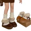 Botas de Neve com Solado Grosso Femininas Renda Decorativa Laço Acolchoado Quente Algodão Bota Curta Antiderrapante Aumento de Altura com Pelo Dobrável