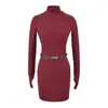 Vestido Básico de Hilo Grueso de Cuello Alto para Chica Hot de Puro Deseo (Incluyendo cinturón) Nueva Falda Corta de Cadera Ajustada para Mujer de Otoño
