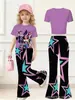 Conjunto de duas peças estilo rua para menina grande com estampa fofa, top de manga curta estilo coreano em desenho animado de seda de leite e calça boca de sino