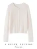 Cardigã de tricô outono e inverno 25% seda de amoreira 75% cashmere para mulheres, suéter de cashmere liso, casaco suéter curto de caimento solto, gola redonda