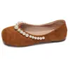 Bailarinas Retro de Gamuza con Perlas Marrones para Mujer, Modelo 2026, Versátiles y Elegantes, Zapatos Planos de Punta Cuadrada Baja