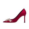 Sapatos de Casamento Vermelhos Salto Alto Salto Agulha Feminino 2023 Primavera e Outono Estilo Coreano Bico Fino Sapatos Solteiros Sapatos de Noiva Femininos Salto Alto Modernos e Versáteis