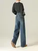 [Terciopelo para Bebé] Otoño e Invierno Caliente Terciopelo Elástico Jeans de Pierna Ancha Azul Retro Claro Versión Estrecha con Bolsillos de Solapa a Contraste Pantalones Largos hasta el Suelo