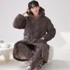 Pijama Masculino Acolchoado de Veludo Coral Três Camadas Outono e Inverno Veludo Espessado Pijama Longo com Capuz Roupas de Casa de Inverno
