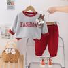 Conjunto Casual de Suéter Novo para Crianças Primavera e Outono Bebê de Um Ano Coelho de Desenho Animado Gola Redonda Manga Longa Conjunto de Duas Peças