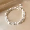 Pulseira de Rede Azul Dourada com Flor de Vidro Pérola Zircônia Brilhante Pulseira Elegante de Luxo Leve Joia de Mão Versátil da Moda