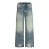 Jeans rectos de lavado pesado azul estilo americano Fengmei, unisex, retro, con efecto tridimensional desgastado, adelgazantes, holgados y casuales