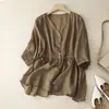 Estilo Nuevo de Verano Color Sólido Simple Versátil Cárdigan Chaleco Adelgazante Holgado Camisa Top Ligero de Algodón y Lino para Mujer