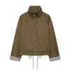 Chaqueta corta de trabajo a cuadros bicolor en el puño, cuello mao, dobladillo con cordón, chaqueta verde militar, top casual vintage
