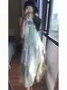 Vestido Largo de Falda sin Mangas con Cuello Halter Estilo Dulce Francés Nuevo de Verano con Encaje Adelgazante y Flores para Mujer