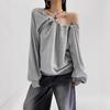 Sudadera de Manga Larga con Hombro Descubierto, Cordón y Cordones, Estilo Perezoso, Top Holgado de Terciopelo para Mujer, Otoño