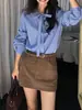 Pusumede Rua da Esquina Gravata Borboleta Azul Camisa Listrada Camisa de Manga Longa Feminina Top Elegante