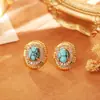 Pendientes de Botón de Turquesa Natural Más Vendidos en Xiaohongshu Pendientes de Circonita Ovalada Retro de Lujo Ligero Pendientes Versátiles para el Trabajo Pendientes de Celebridad de Internet
