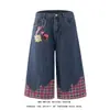 Shorts de Mezclilla Cropped Patchwork a Cuadros Desgastados Estilo Retro Americano para Hombres y Mujeres, Diseño de Verano con Estampado Lavado y Piernas Anchas