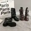 Pantalones Negros con Remaches Estilo Punk Retro Botas para Piernas Mujer 2026 Nuevas Botas de Caballero de Otoño Tacón Grueso Adelgazantes Botas Cortas a Media Pantorrilla