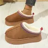 Sapatos de pele com sola grossa transfronteiriços 2026 novo estilo outono e inverno chinelos semiabertos integrados de couro e pele sapatos de algodão com veludo para mulheres