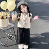 Conjunto de 3 Peças para Meninas Outono/Inverno 2026: Roupa de Baixo Listrada Estilosa Tamanho Médio-Grande Versátil Casual Colete de Lã de Cordeiro Calças