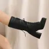 Botas de cuero de media caña transfronterizas para otoño e invierno, botas de tacón alto con punta cuadrada para mujer, botas Martin impermeables con plataforma de talla grande, tacón cuadrado versátil con cremallera lateral