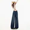 Pantalones largos retro de mezclilla de pierna ancha con jacquard de cintura alta con caída hasta el suelo azul retro azul retro extra largos Yi Chun