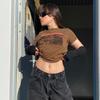 Camiseta retro Y2G americana de cuello redondo corto marrón, manga corta, estilo urbano europeo y americano para mujer, top ajustado con ombligo para chica sexy