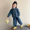 Conjunto Jeans para Menina Outono 2026 Novo Estilo Moda Primavera e Outono para Bebê Menina Estilo Coreano Conjunto Elegante de Duas Peças para Bebê Menina