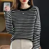 Moda Femenina Nueva Primavera 2026 Cuello Redondo Color Sólido Bloques de Color Rayas Manga Larga Ajuste Holgado Tejido de Lana 100%