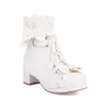 Botines Nuevos Lolita con Encaje de Lazo Zapatos de Princesa Botas Gruesas de Tacón Medio con Cordones 30-48 Botas Familiares