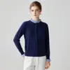 Elegante novo cardigã 100% caxemira pura para mulheres com gola franzida, modelador e versátil, com cores contrastantes