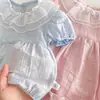 Macacão de Verão Novo para Meninas com Manga Bufante Curta, Wrap, Roupas para Gordas, Macacão Doce de Renda com Gola de Boneca para Bebê