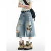 Shorts jeans rasgados de alta qualidade estilo retro americano para mulheres plus size, calças de verão com cintura alta, calças cropped retas que afinam