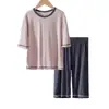 Pijama de Verano Fino para Mujer Conjunto de Dos Piezas Textura de Algodón Modal Color Sólido Conjunto de Shorts de Manga Corta Ropa de Casa Manga Tres Cuartos