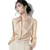 Camisa de satén con solapa para el trabajo, manga larga, para mujer, moda casual, simple, ajustada, top básico ajustado