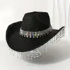 Chapéu de Cowboy Ocidental com Franja de Strass Chapéu de Palco Festa Aba Larga Circunferência da Cabeça Grande Chapéu Feminino Outono Inverno Chapéu de Alta Qualidade